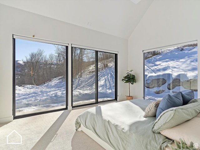 carpeted bedroom with multiple windows, access to exterior, and high vaulted ceiling