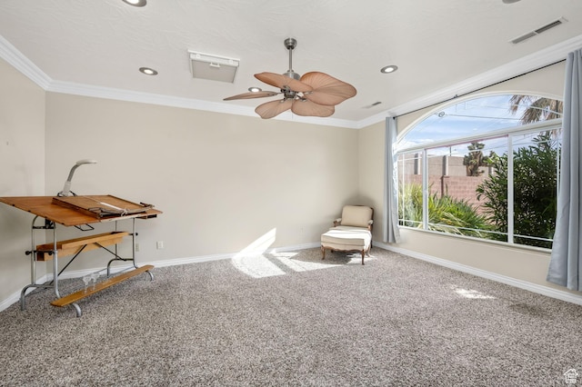 sitting room featuring baseboards, visible vents, carpet, recessed lighting, and crown molding