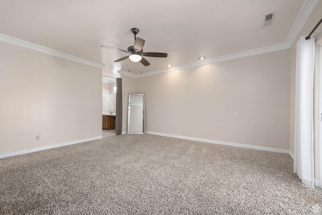 unfurnished room with a ceiling fan, visible vents, carpet floors, and ornamental molding