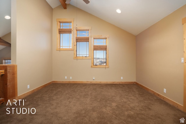 7352 Pine Dr, Park City, UT 84098 - spare room featuring carpet flooring, lofted ceiling with beams, and ceiling fan
