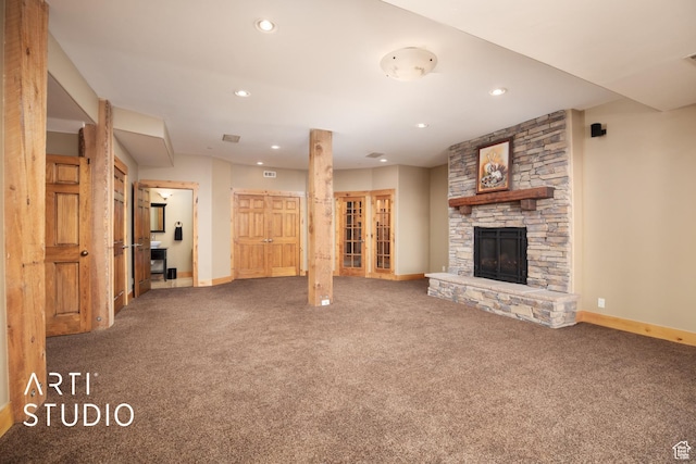 7352 Pine Dr, Park City, UT 84098 - unfurnished living room with carpet flooring and a stone fireplace