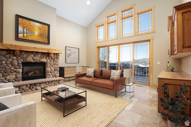 7352 Pine Dr, Park City, UT 84098 - living room with a stone fireplace and high vaulted ceiling