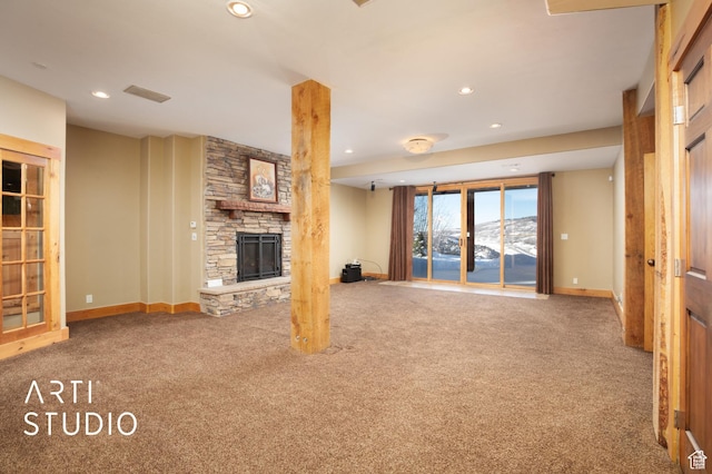7352 Pine Dr, Park City, UT 84098 - unfurnished living room with carpet, a mountain view, and a stone fireplace