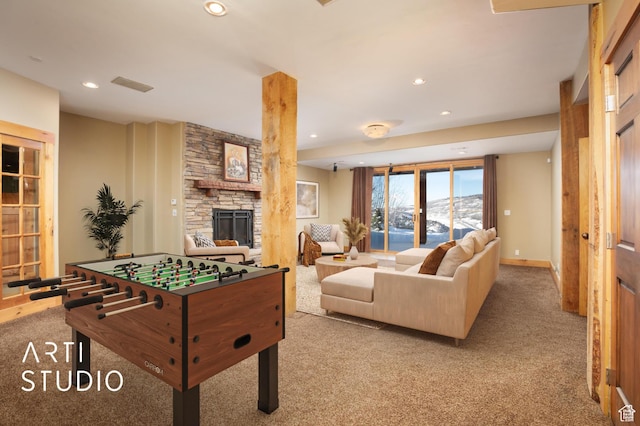 7352 Pine Dr, Park City, UT 84098 - playroom with a fireplace, french doors, and light colored carpet