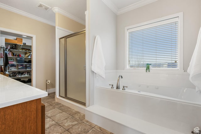 650 E 600 S, Spring City, UT 84662 - bathroom with shower with separate bathtub, tile patterned floors, and crown molding