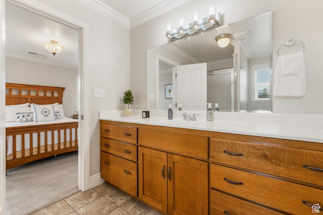 650 E 600 S, Spring City, UT 84662 - bathroom featuring walk in shower, tile patterned flooring, vanity, and ornamental molding