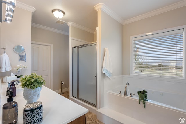 650 E 600 S, Spring City, UT 84662 - full bathroom with a stall shower, crown molding, a bath, and tile patterned floors