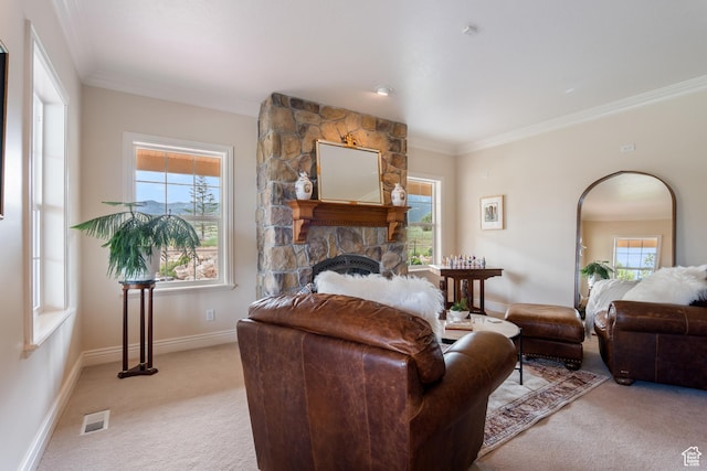 650 E 600 S, Spring City, UT 84662 - living room featuring light carpet, a stone fireplace, and crown molding