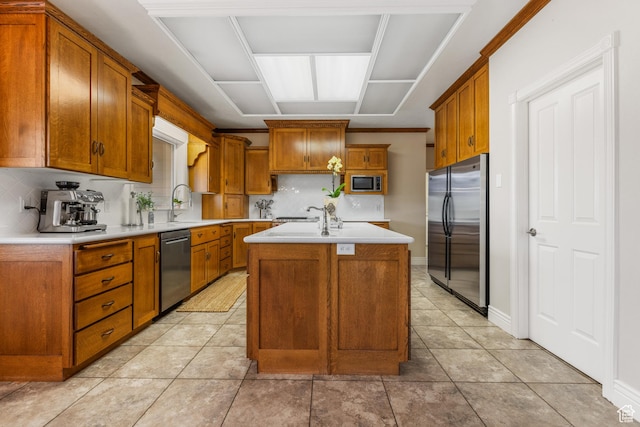 650 E 600 S, Spring City, UT 84662 - kitchen featuring decorative backsplash, light tile patterned flooring, an island with sink, and appliances with stainless steel finishes