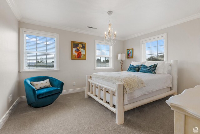 650 E 600 S, Spring City, UT 84662 - bedroom featuring carpet floors, ornamental molding, multiple windows, and an inviting chandelier