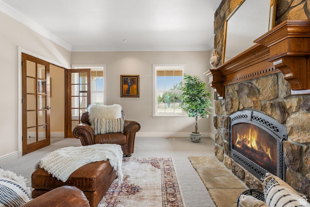 650 E 600 S, Spring City, UT 84662 - carpeted living room featuring a fireplace, french doors, and ornamental molding
