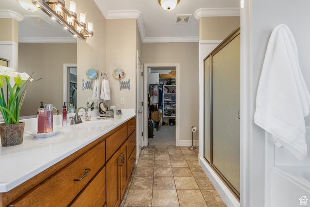 650 E 600 S, Spring City, UT 84662 - bathroom with tile patterned flooring, vanity, an enclosed shower, and crown molding