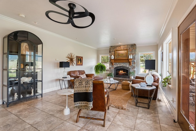 650 E 600 S, Spring City, UT 84662 - living area with a stone fireplace, ceiling fan, ornamental molding, and light tile patterned floors