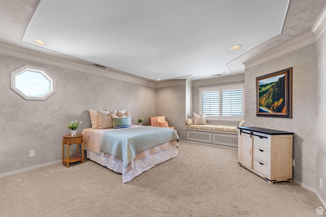 3893 S Bountiful Blvd, Bountiful, UT 84010 - bedroom featuring recessed lighting, light colored carpet, ornamental molding, and visible vents