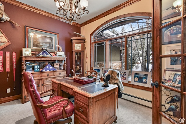 carpeted office featuring an inviting chandelier, ornamental molding, and a baseboard radiator