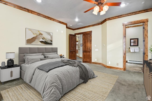 carpeted bedroom with ceiling fan, crown molding, and a baseboard radiator