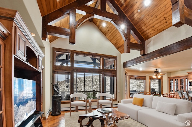 living room with wooden ceiling, ceiling fan, beam ceiling, a baseboard radiator, and light hardwood / wood-style floors
