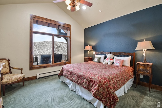 bedroom with carpet flooring, ceiling fan, a baseboard heating unit, a mountain view, and vaulted ceiling