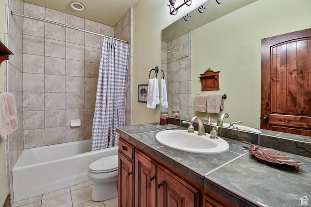 full bathroom with toilet, vanity, tile patterned floors, and shower / bathtub combination with curtain