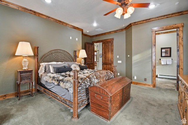 bedroom with light carpet, baseboard heating, ceiling fan, and crown molding