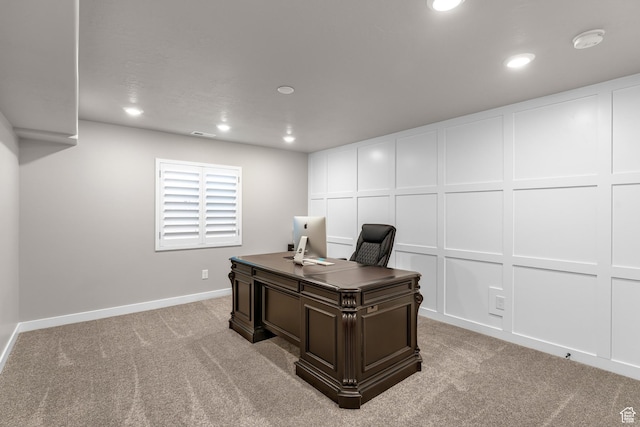 2217 E Emerald Ave, Eagle Mountain, UT 84005 - office area with recessed lighting, light carpet, a decorative wall, and baseboards