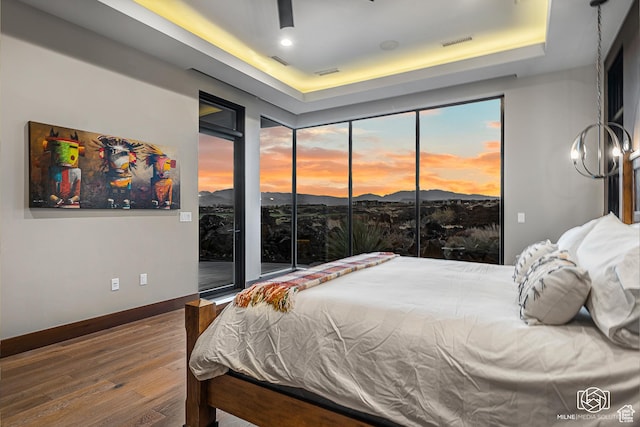 2523 N Chaco Trl, St George, UT 84770 - bedroom with wood finished floors, a tray ceiling, baseboards, and access to exterior