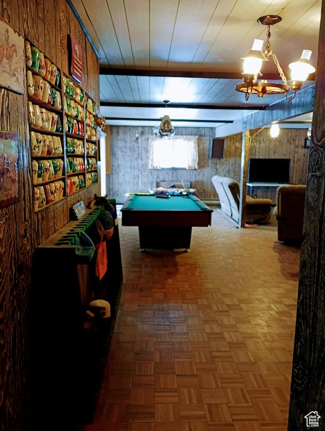 80 S Chipper Ln, Manila, UT 84046 - recreation room with parquet floors, pool table, wood ceiling, and wooden walls