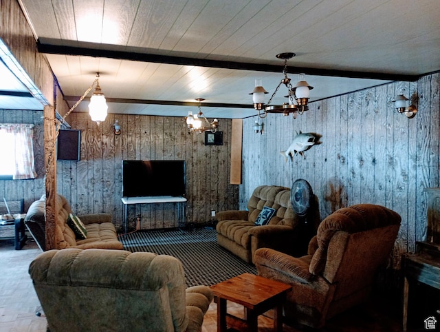 80 S Chipper Ln, Manila, UT 84046 - living room featuring beamed ceiling, a notable chandelier, and wood walls