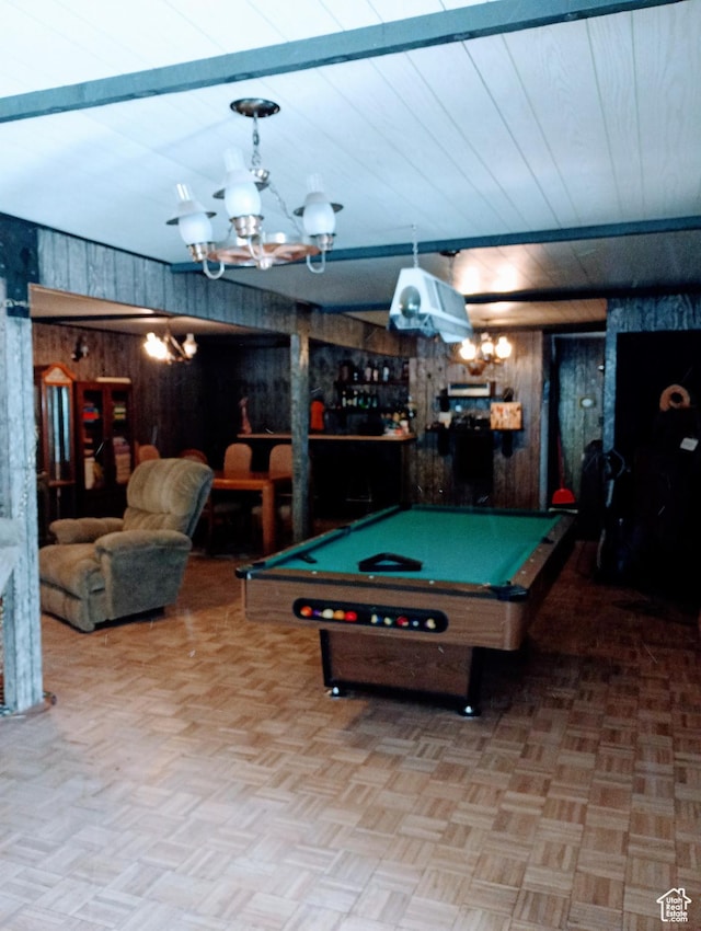 80 S Chipper Ln, Manila, UT 84046 - recreation room featuring parquet floors, a notable chandelier, wooden walls, and billiards