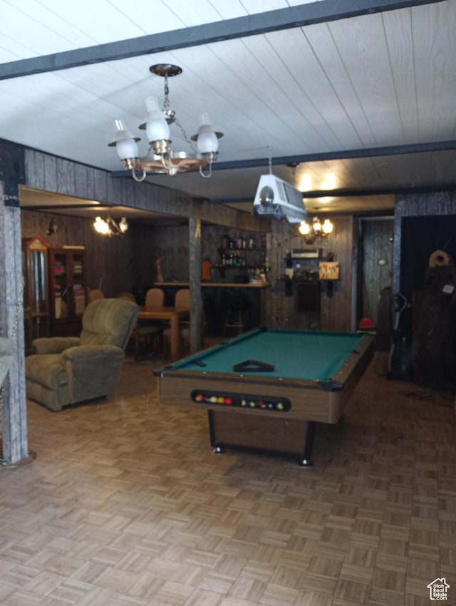 80 S Chipper Ln, Manila, UT 84046 - playroom with billiards, bar, an inviting chandelier, parquet flooring, and wood walls