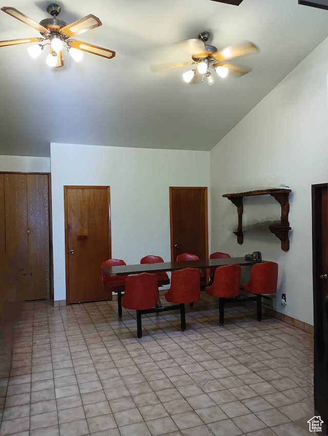 80 S Chipper Ln, Manila, UT 84046 - sitting room featuring light tile patterned floors, vaulted ceiling, and ceiling fan