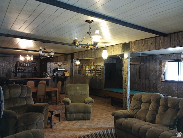80 S Chipper Ln, Manila, UT 84046 - living room featuring beam ceiling, wood walls, parquet floors, pool table, and indoor bar