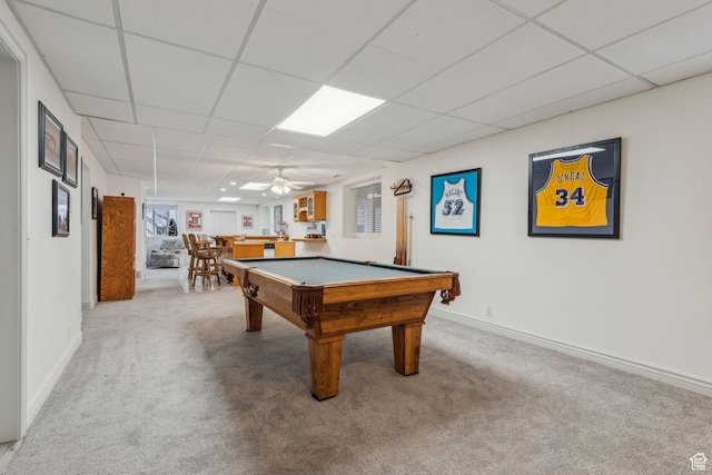 game room with billiards, a drop ceiling, ceiling fan, and light carpet