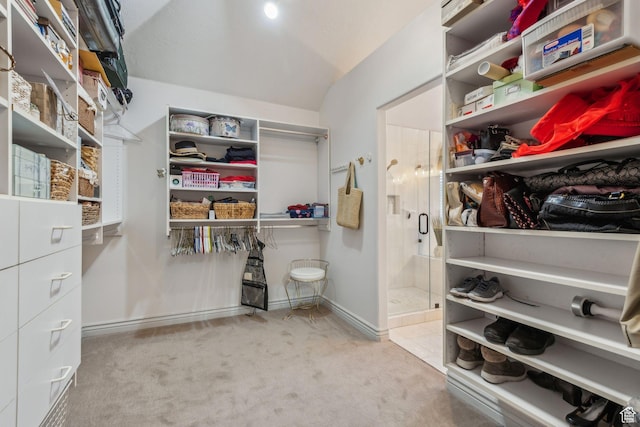 walk in closet featuring light carpet