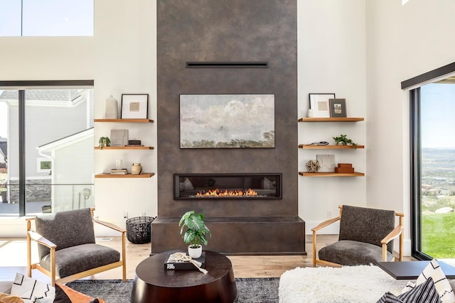 living room featuring wood-type flooring and a large fireplace
