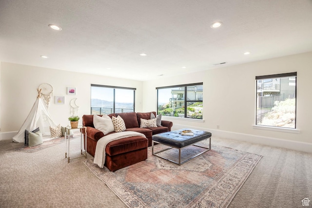 living room with light carpet