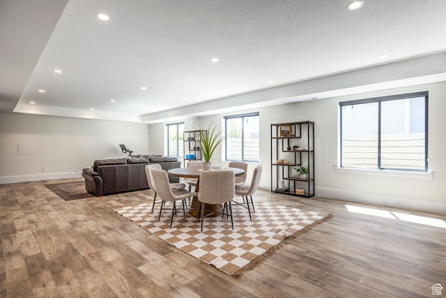 dining room with a tray ceiling and light wood-type flooring