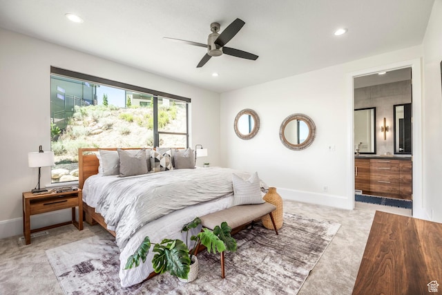 carpeted bedroom featuring ceiling fan