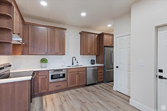 kitchen with backsplash, sink, stainless steel appliances, and light wood-type flooring