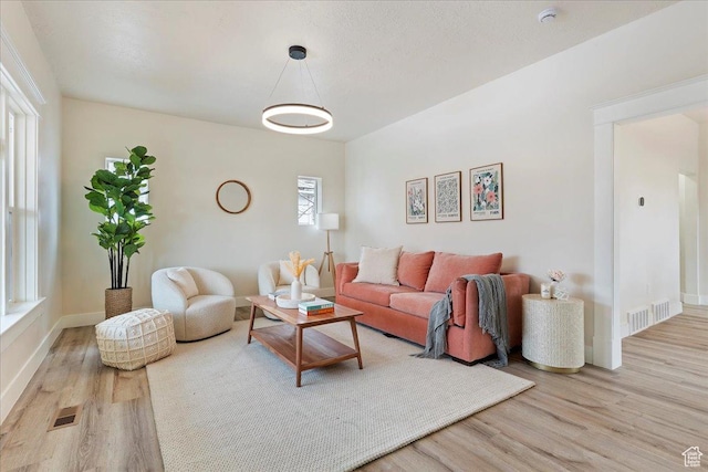 living room featuring light hardwood / wood-style floors and plenty of natural light