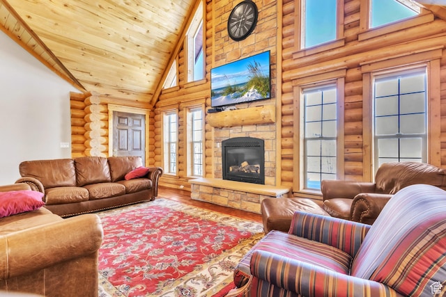 living room with rustic walls, a stone fireplace, high vaulted ceiling, wood-type flooring, and wood ceiling