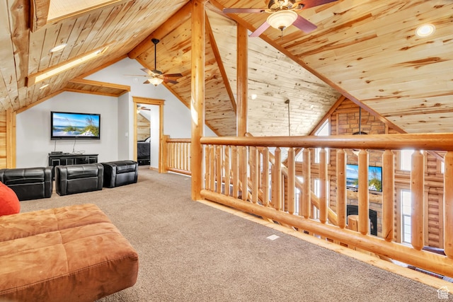bonus room with carpet, ceiling fan, and wood ceiling