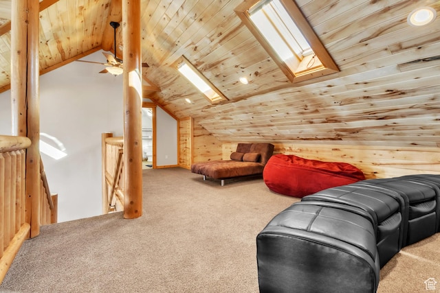 bonus room featuring wood ceiling, wooden walls, and lofted ceiling with skylight