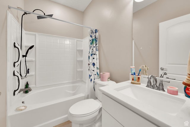 full bathroom with toilet, shower / bath combination with curtain, and vanity