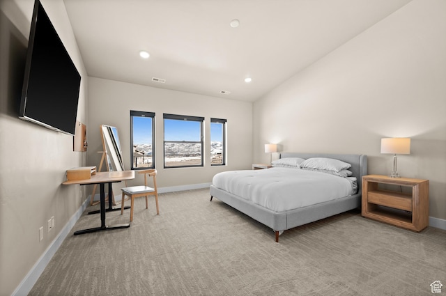 carpeted bedroom featuring recessed lighting, visible vents, and baseboards