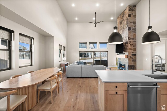 kitchen with a stone fireplace, light wood-style flooring, a healthy amount of sunlight, and a sink