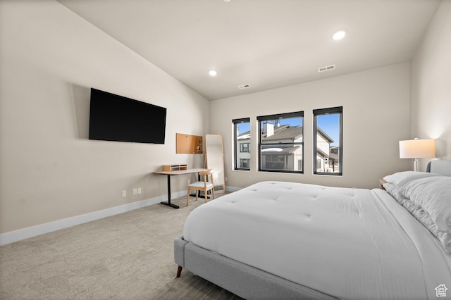 bedroom with recessed lighting, carpet, visible vents, and baseboards