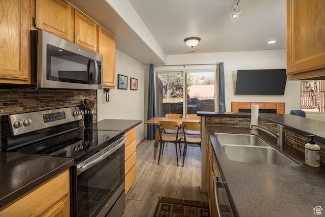 3253 E Fairway Loop, Moab, UT 84532 - kitchen with sink, stainless steel appliances, track lighting, and decorative backsplash