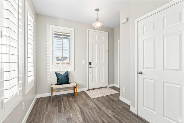 foyer featuring dark wood-style floors and baseboards