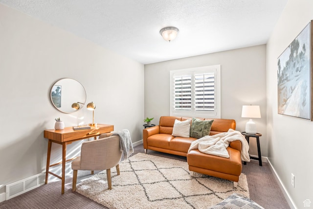 office area featuring visible vents, a textured ceiling, baseboards, and carpet